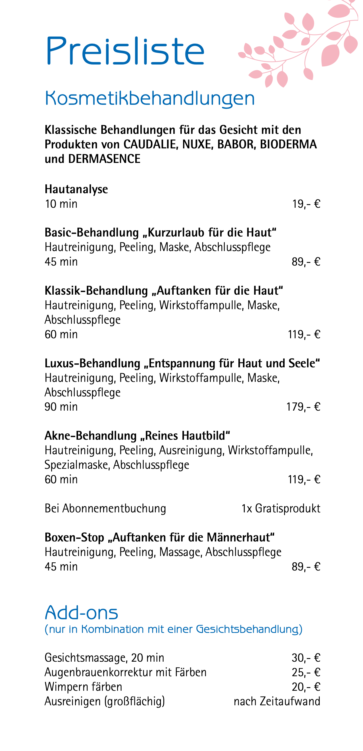 Preisliste Kosmetikbehandlung Ammersee Aesthetik