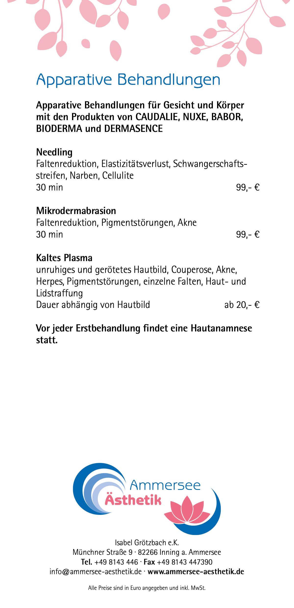 Preisliste Kosmetikbehandlung Ammersee Aesthetik